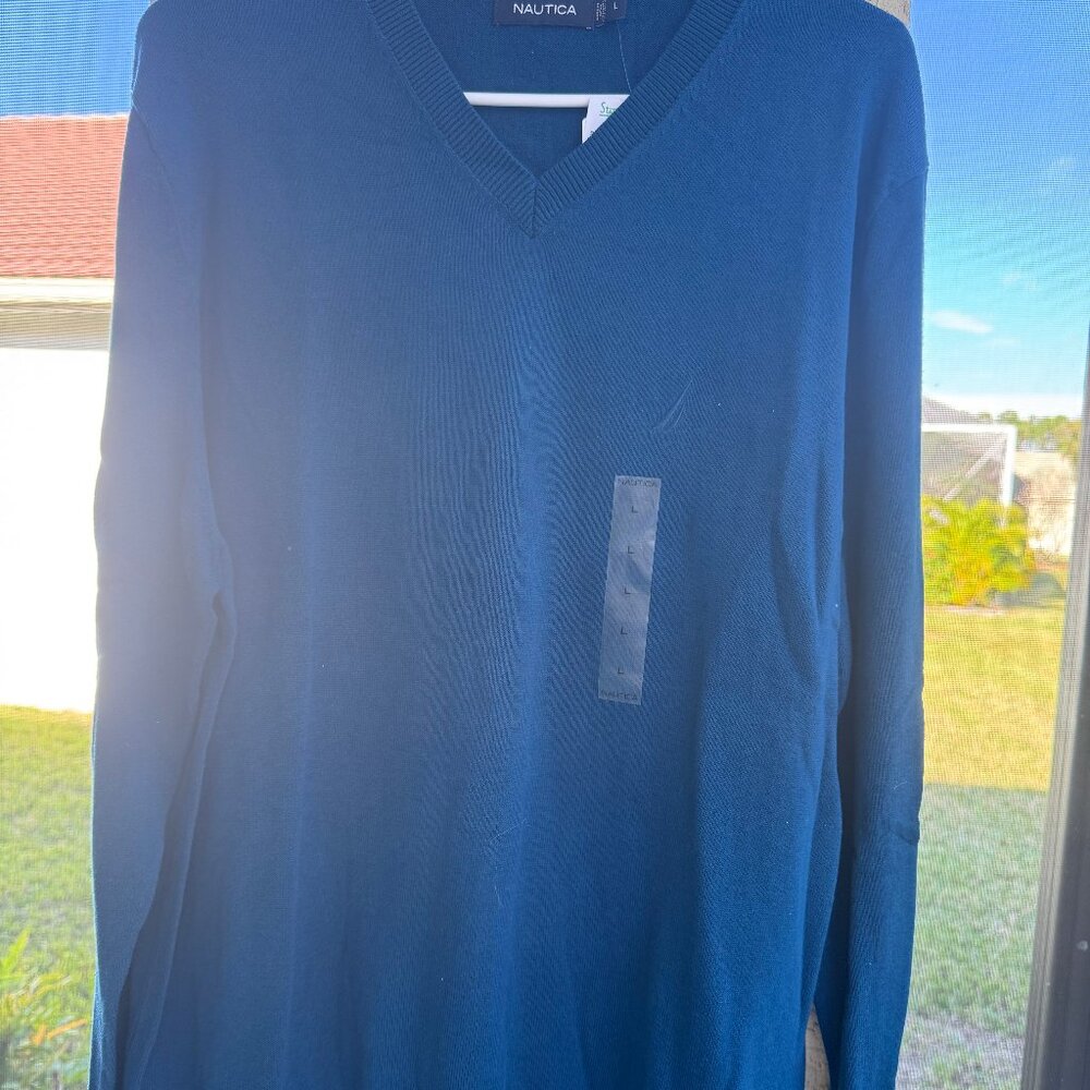 Mens Large Nautica Dark Teal V Neck Sweater